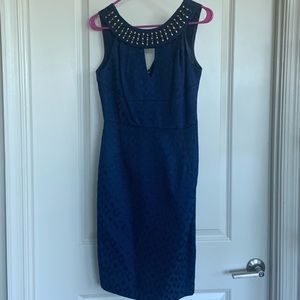 Embelished, fitted navy blue dress with V in back